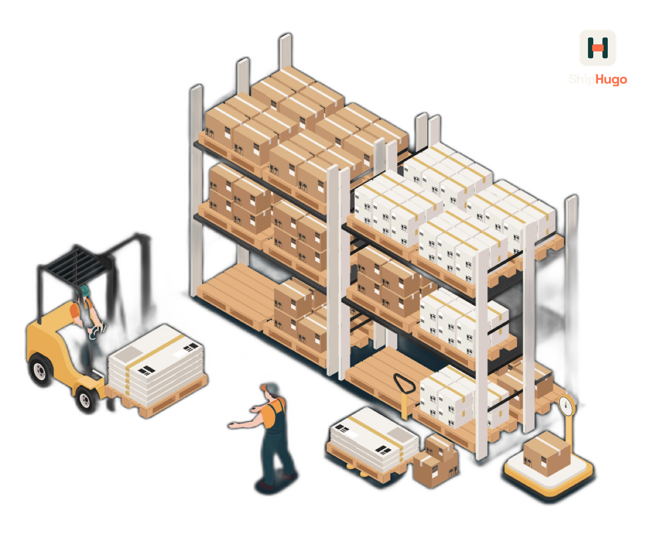 Illustration of a warehouse with shelving, pallets, a forklift and a scale