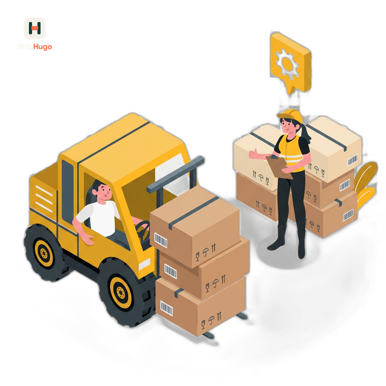 Illustration with a forklift and quality control at goods-in