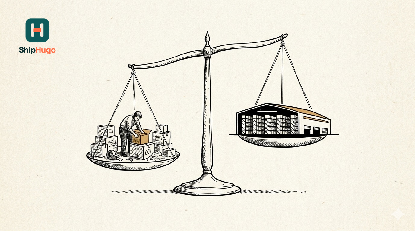 A scale balancing between a figure at the packing table and a warehouse silhouette