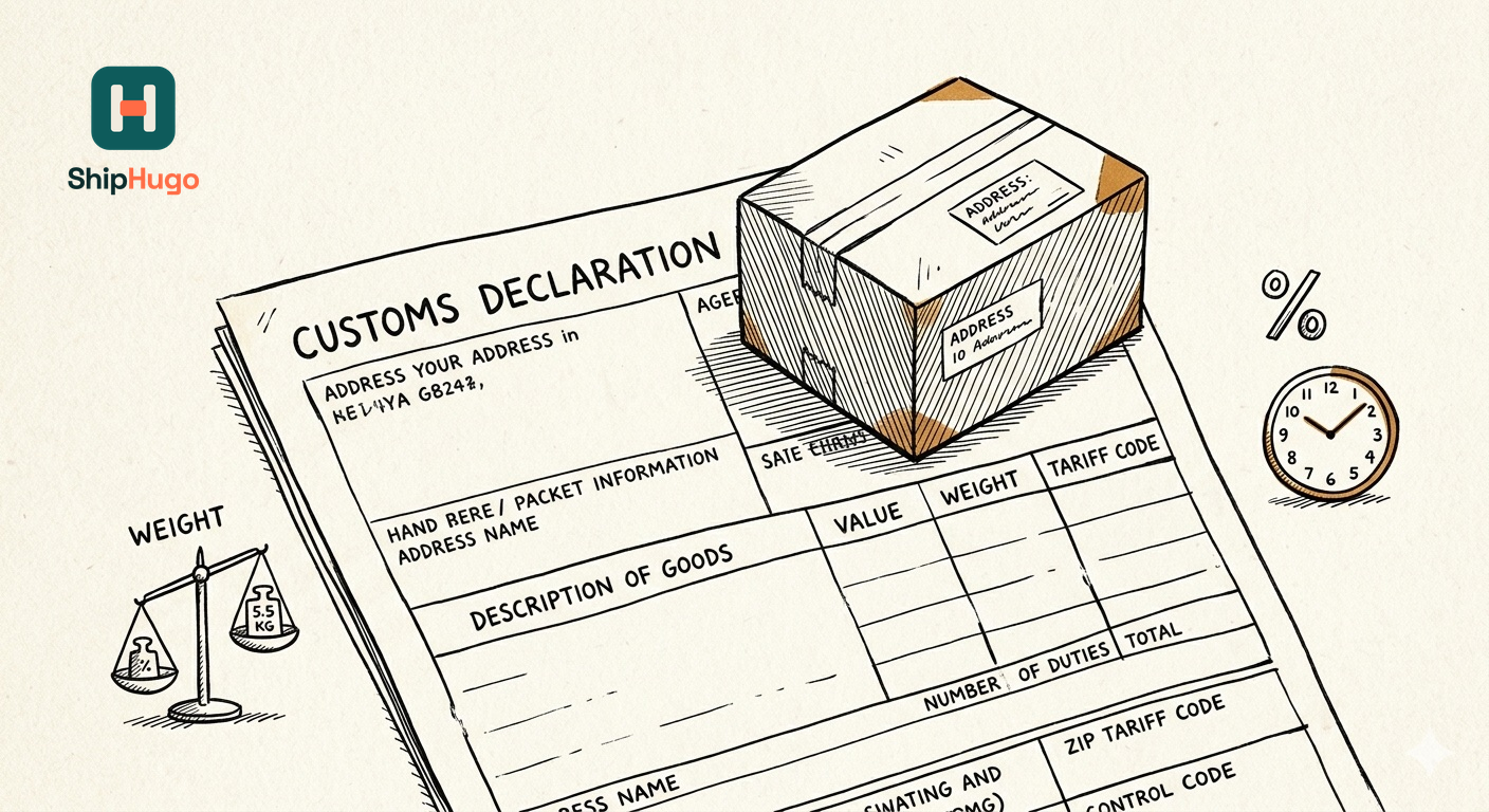 Customs declaration with a parcel and icons for weight, percentage and time