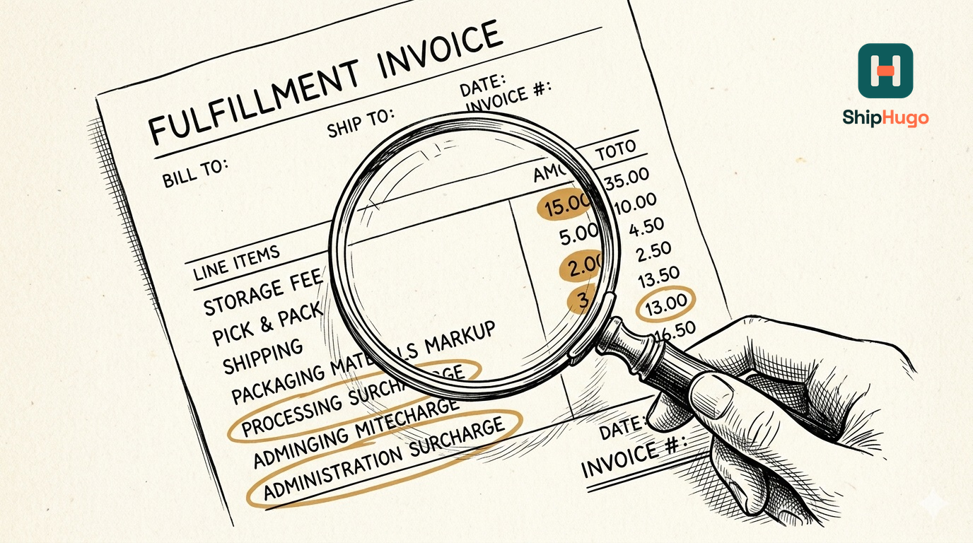 A magnifying glass over a fulfillment invoice, with several line items highlighted in color